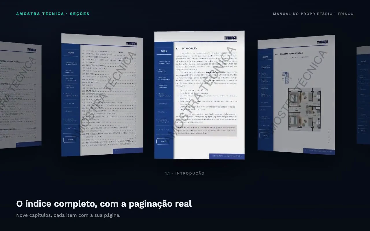 Páginas do manual técnico em perspectiva com o índice