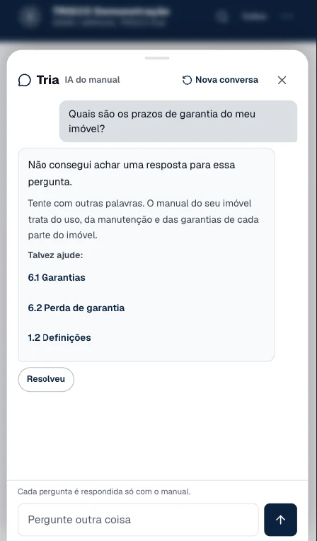 A Tria, IA do manual, respondendo uma dúvida do proprietário a partir do manual do imóvel